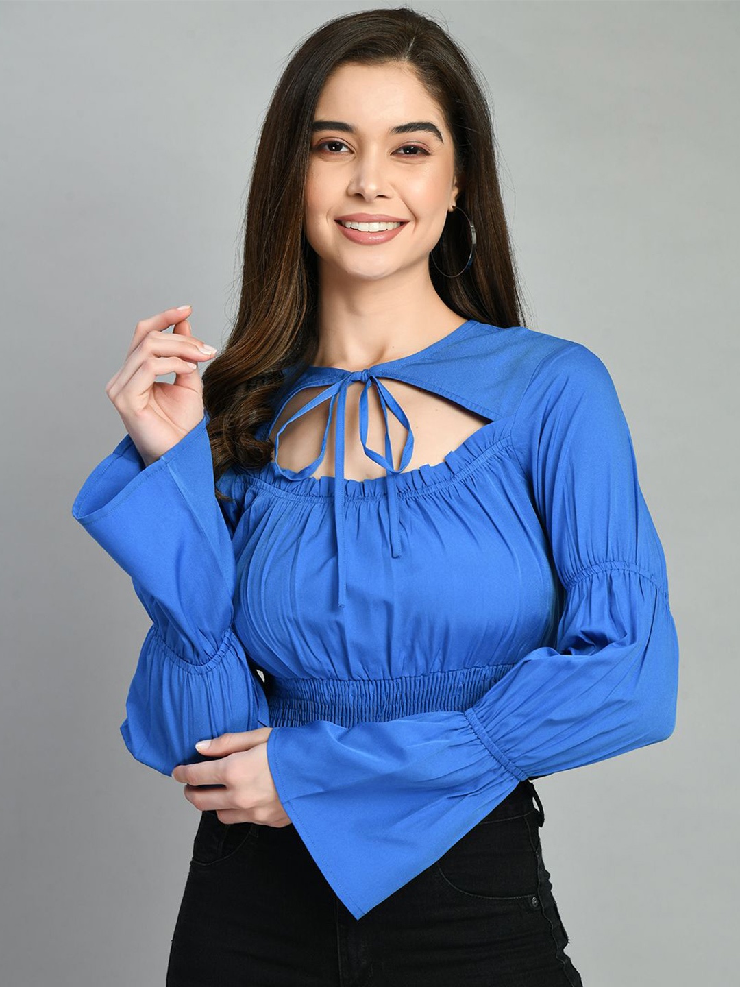 

all about you Women Tie-Up Neck Bell Sleeve Blouson Crop Top, Blue