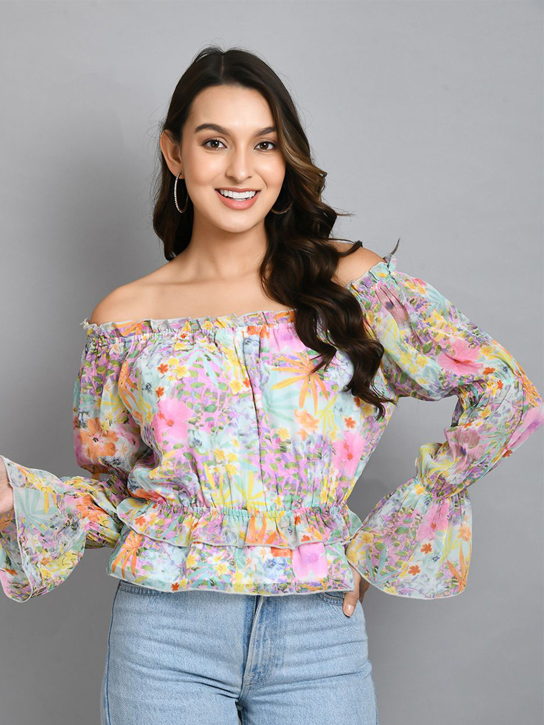 

all about you Women Floral Printed Off-Shoulder Puff Sleeve Bardot Crop Top, Green