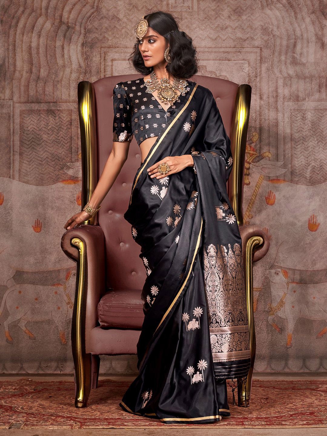 

Mitera Ethnic Motifs Zari Satin Designer Gadwal Saree, Black