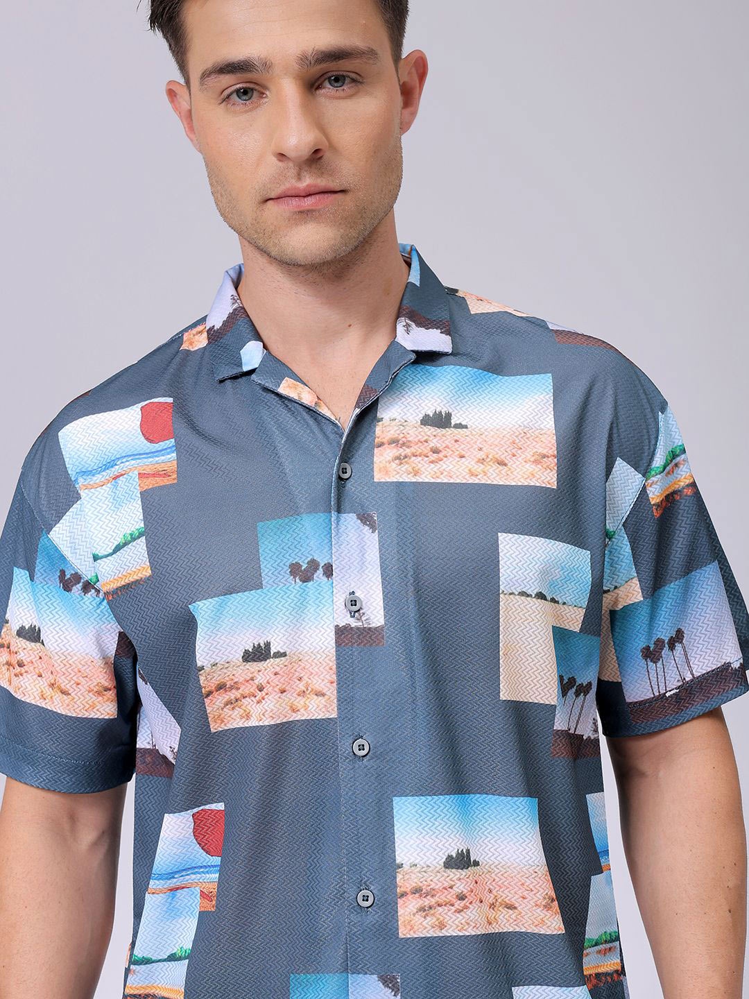

The Indian Garage Co Men Relaxed Fit Photo Printed Textured Resortwear Shirt, Blue
