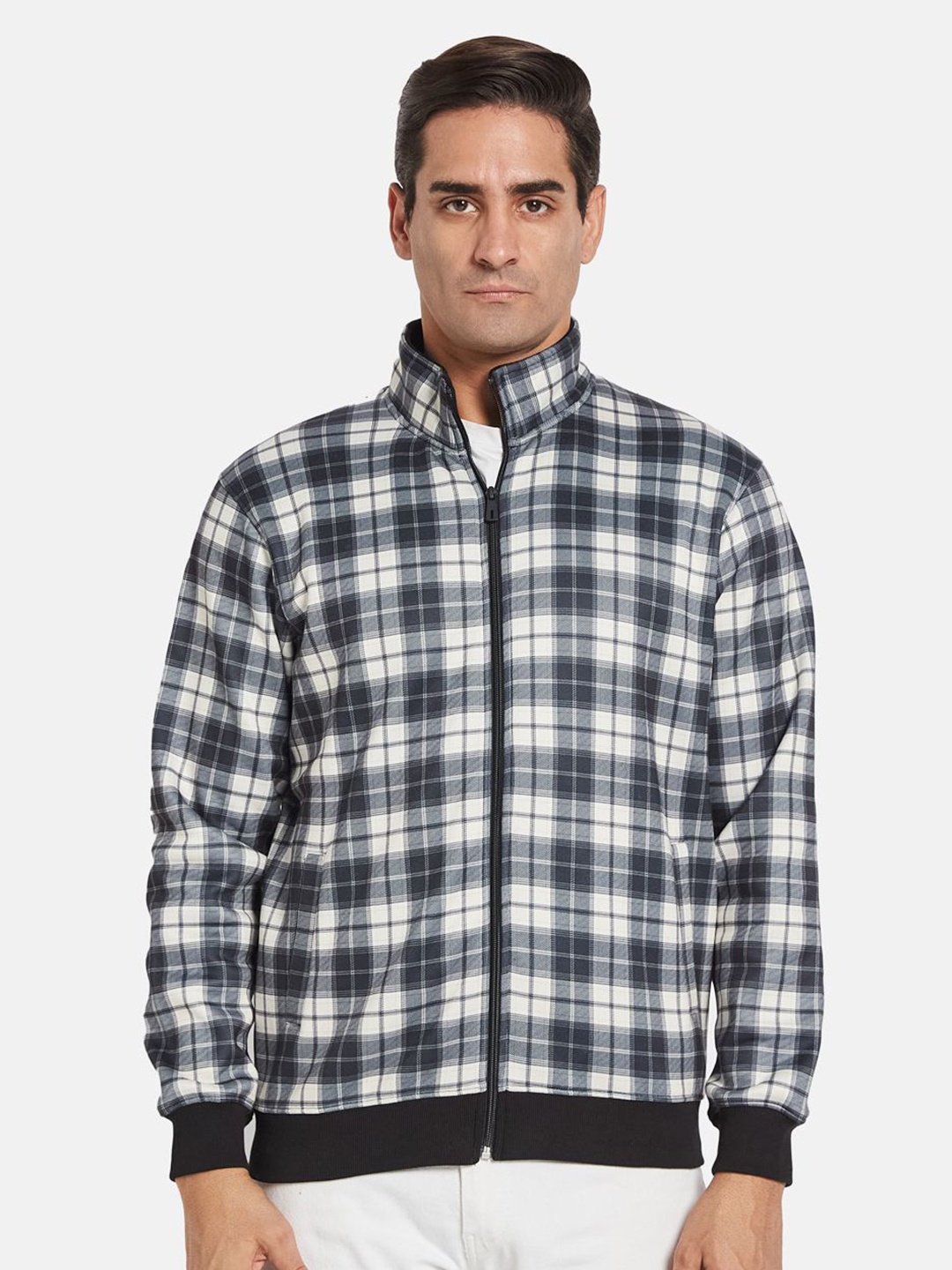 

Octave Men Checked Mandarin Collar Front-Open Sweatshirt, Grey