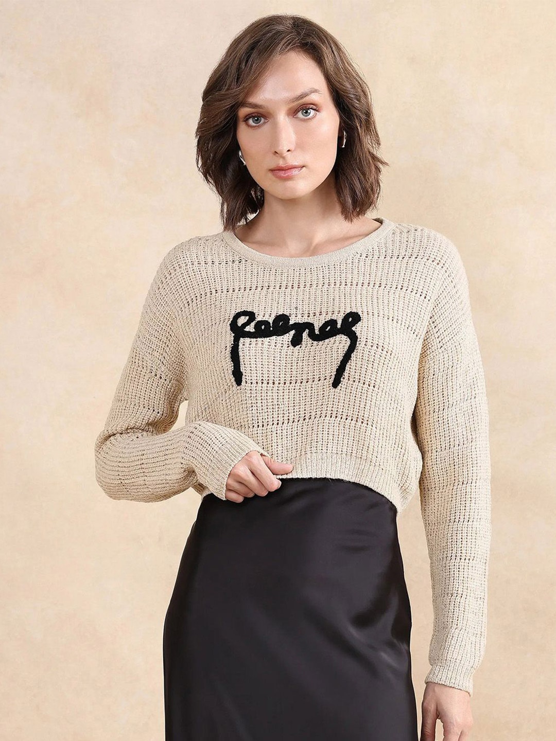 

RAREISM Women Boat Neck Crop Top, Beige