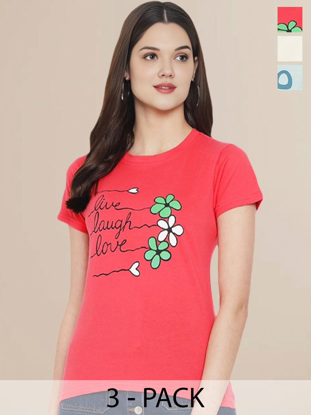 

Metronaut Women Pack Of 3 Typography Printed Round Neck Cotton T-shirts, Sea green