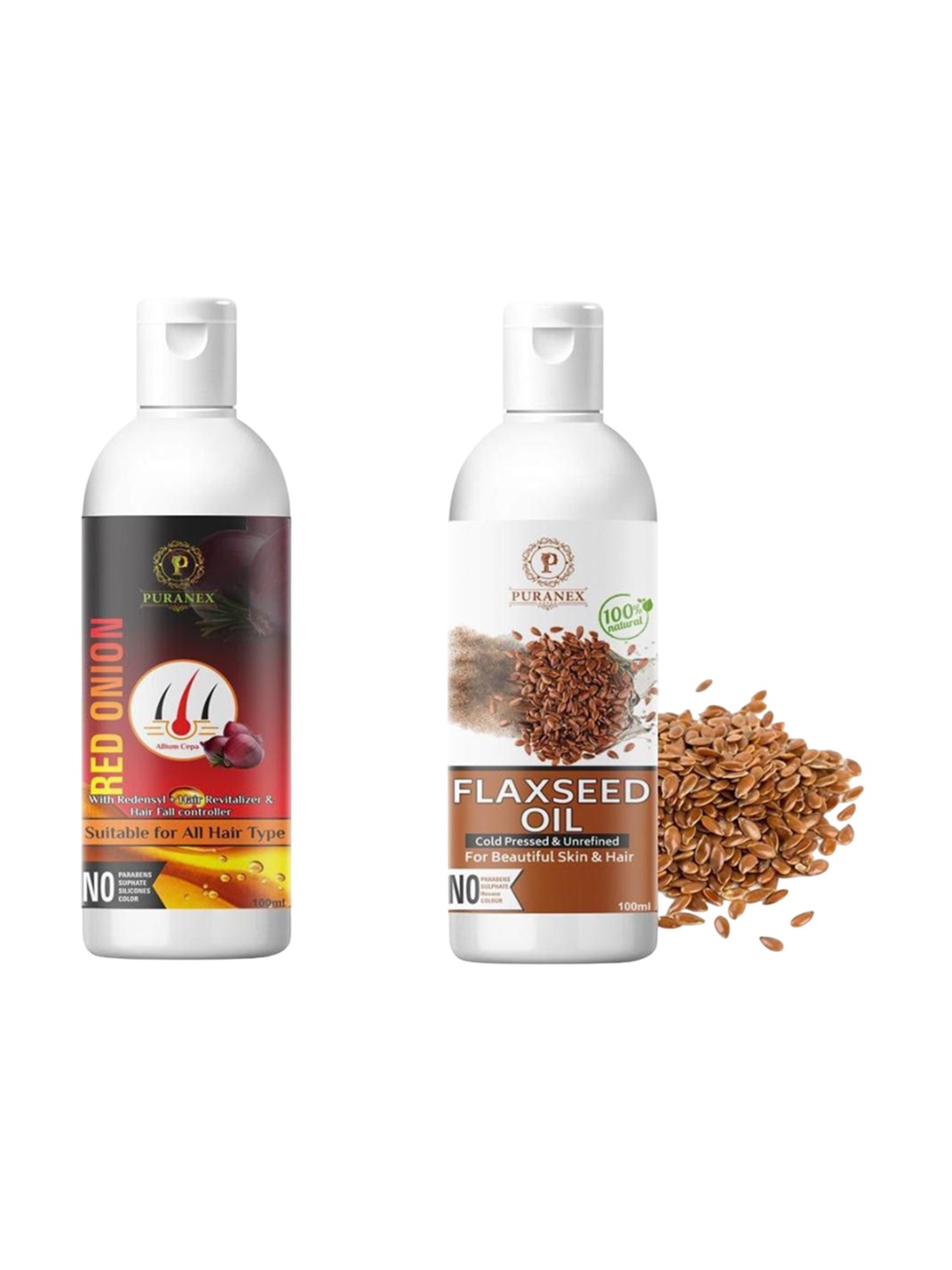 

Puranex Set Of 2 100% Natural & Pure Red Onion & Flaxseed Hair Oil- 100 ml Each, Transparent