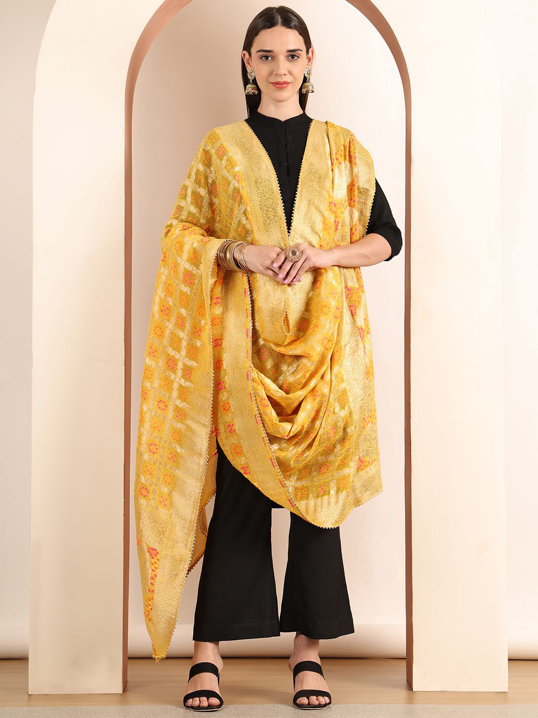 

SOUNDARYA Woven Design Bandhani Dupatta with Zari, Yellow