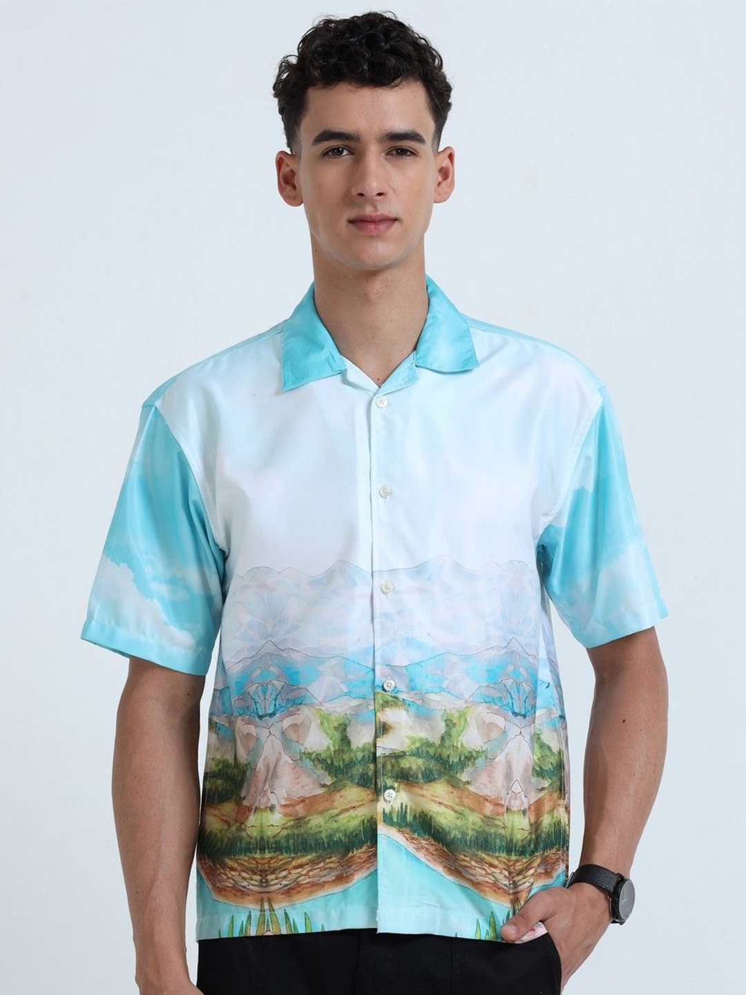 

NEVER NEUD Men Relaxed Satin Himalayan Printed Oversized Casual Shirt, Multi
