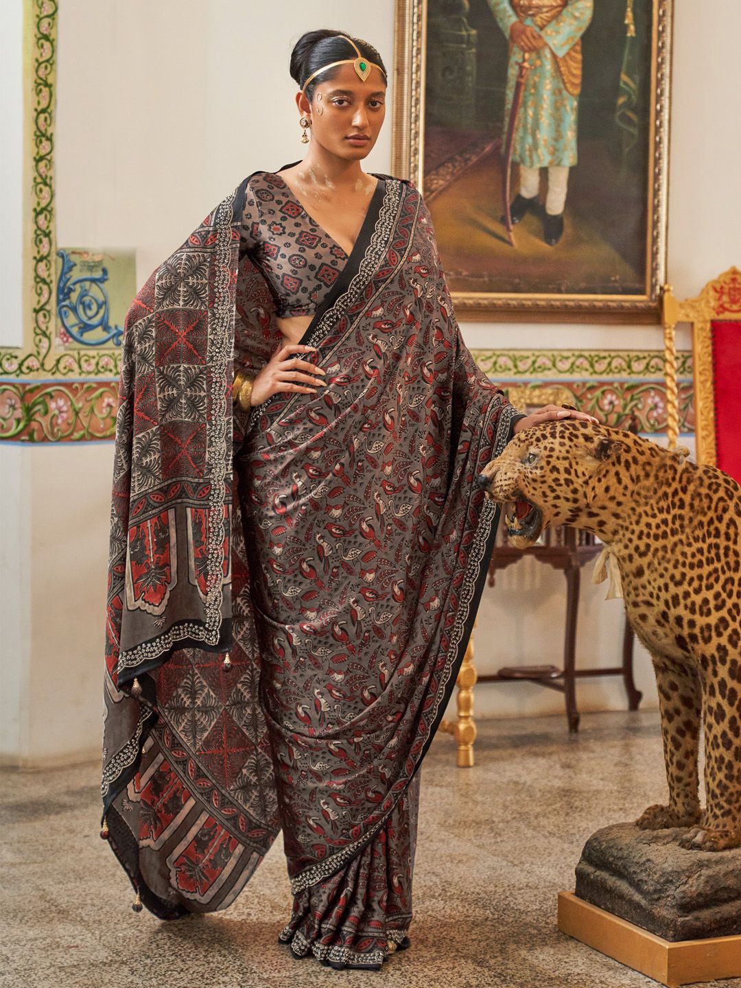 

Saree mall Beads and Stones Poly Crepe Block Print Sarees, Grey