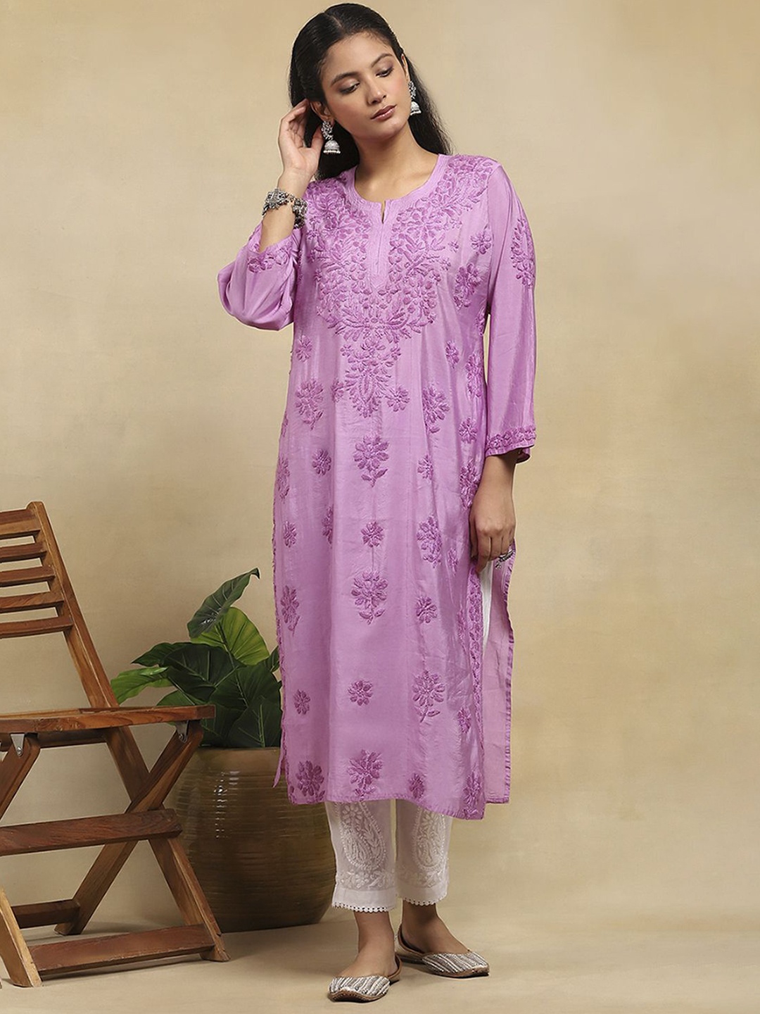 

House of Chikankari Chikankari Women Long Kurta, Purple