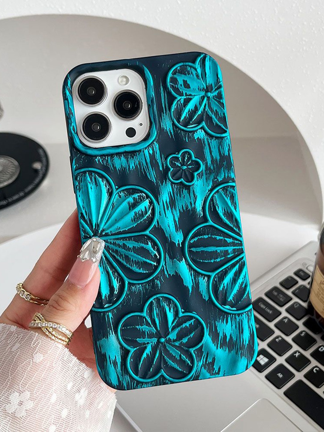 

Luxury Kase Floral Printed iPhone 14 Pro Back Case Mobile Accessories, Blue