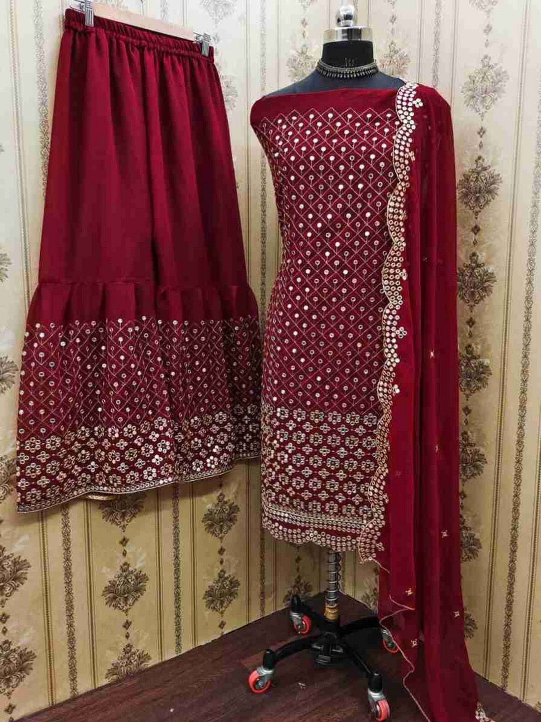 

ZEEPKART Silk Georgette Unstitched Dress Material, Red