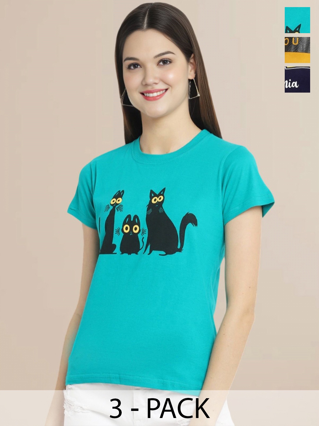 

Metronaut Women Pack Of 3 Typography Printed Round Neck Cotton T-shirts, Mustard