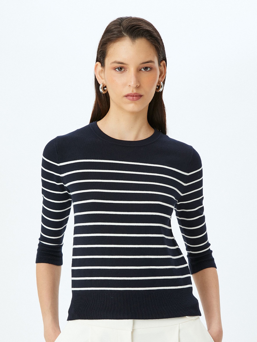 

Koton Women Striped Round Neck Pullover Sweater, Blue