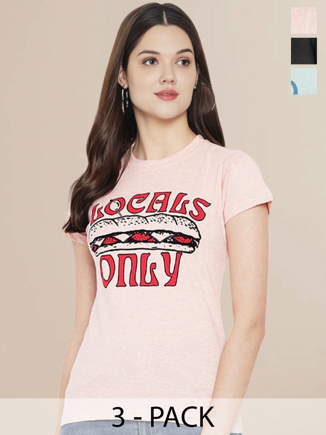 

Metronaut Women Pack Of 3 Typography Printed Round Neck Cotton T-shirts, Sea green