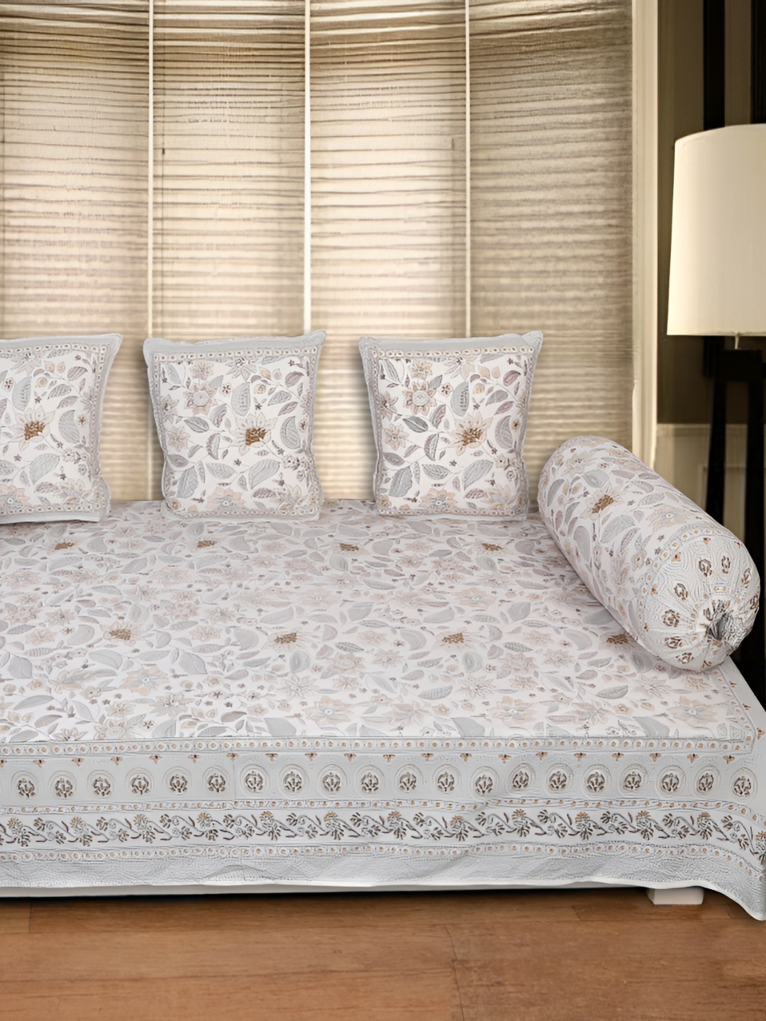 

INDHOME LIFE Set Of 6 White & Brown Floral-PrintedDiwanSet