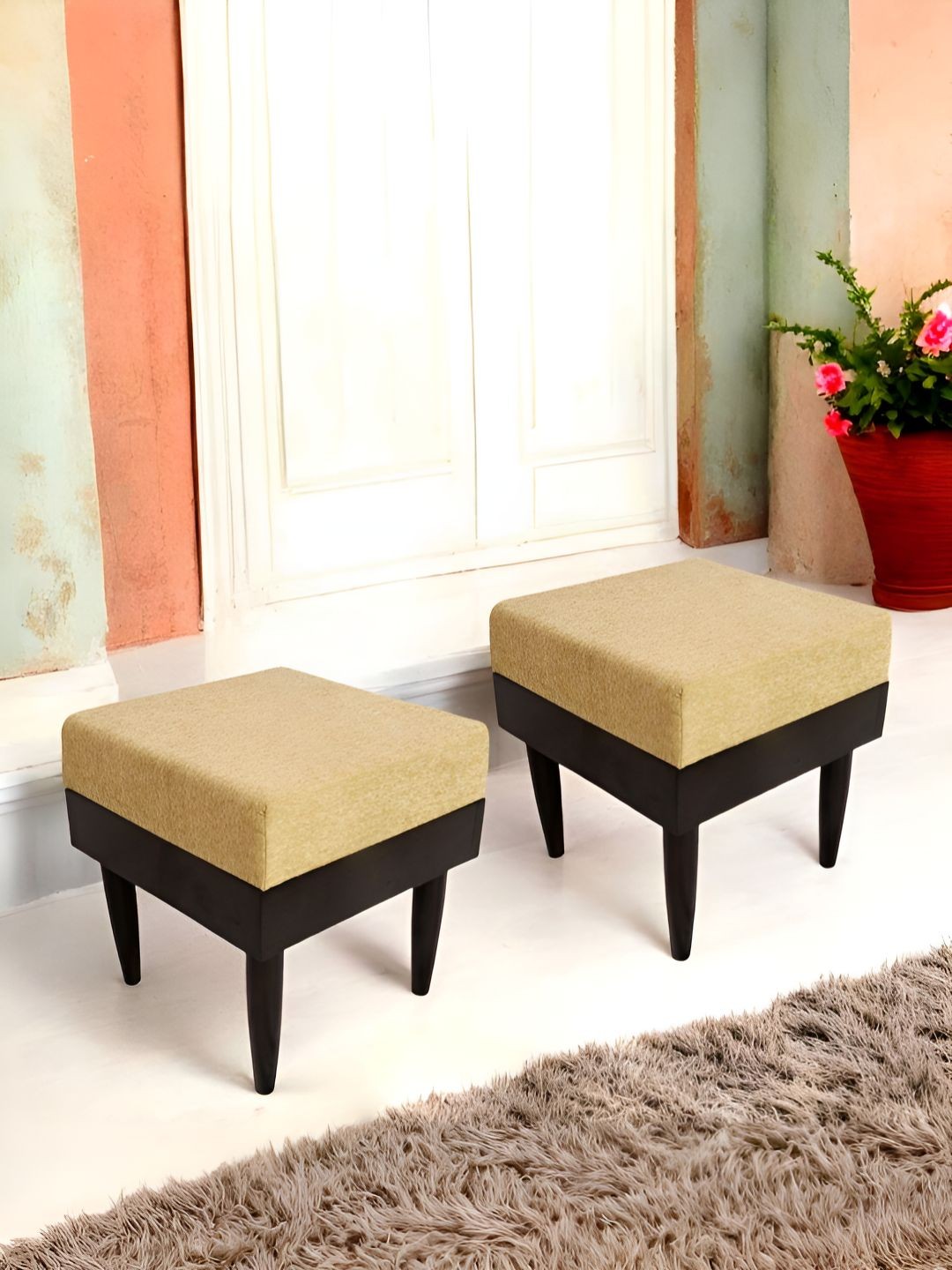 

Ikiriya 2-Pcs Beige & Brown Square Wooden Stools with Upholstery