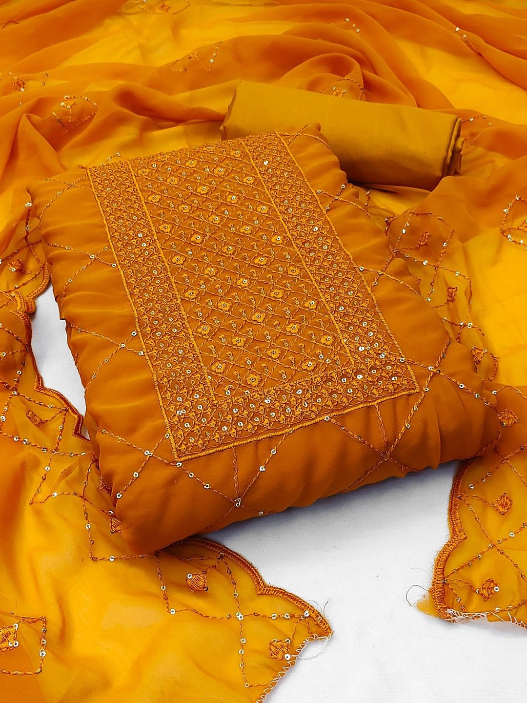 

ZEEPKART Silk Georgette Unstitched Dress Material, Mustard