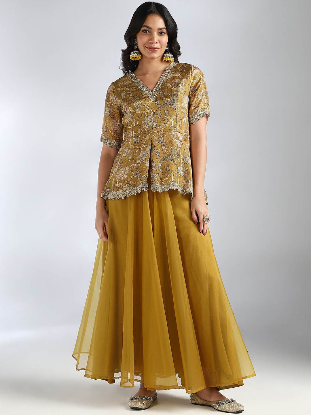 

House Of Dharaa Women Floral Printed Regular Kurti with Palazzos, Mustard