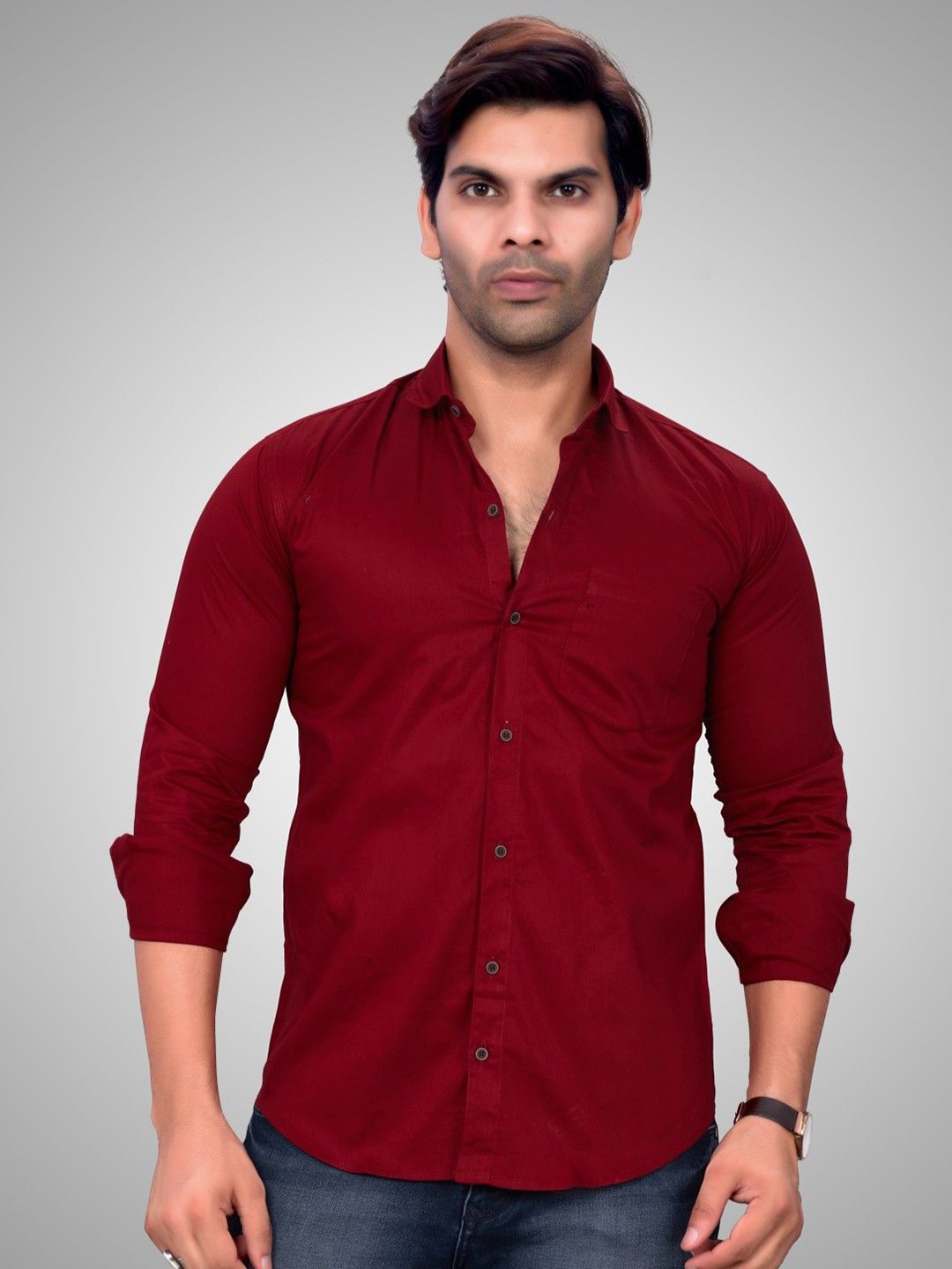 

SKY GLOBAL Men Standard Spread Collar Solid Cotton Casual Shirt, Maroon