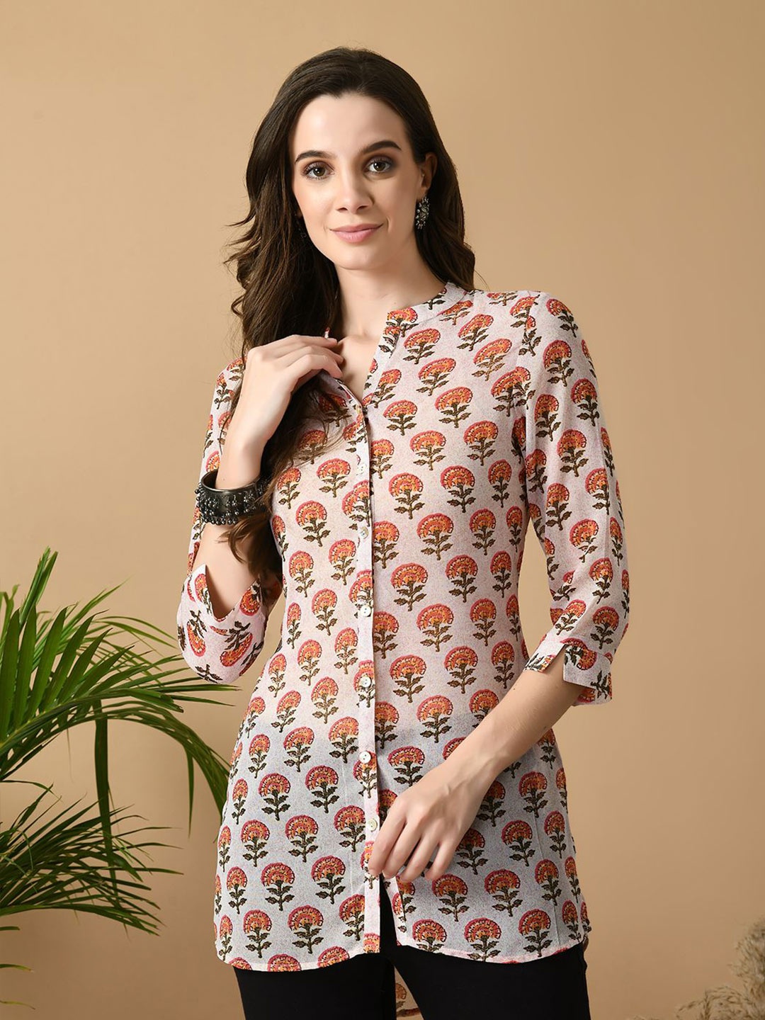 

MEESAN Mandarin Collar Printed Ethnic Tunic, Pink