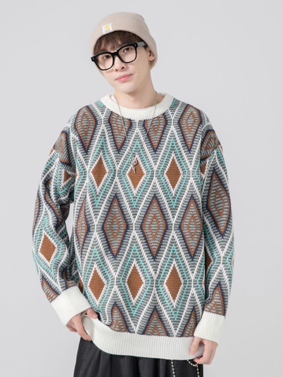 

HERE&NOW Men Geometric Printed Pullover, Brown