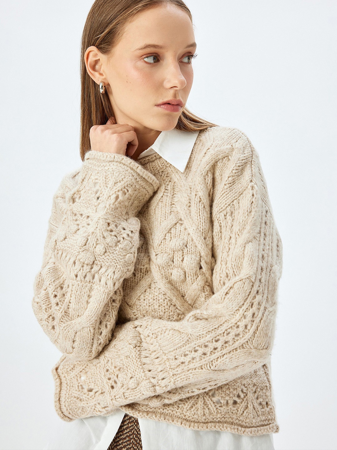 

Koton Women Cable Knit Round Neck Pullover, Beige