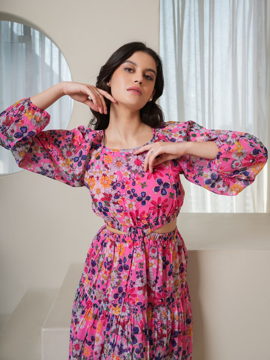 

PURVAJA Women Floral Printed Puff Sleeve Fit & Flare Dress, Pink