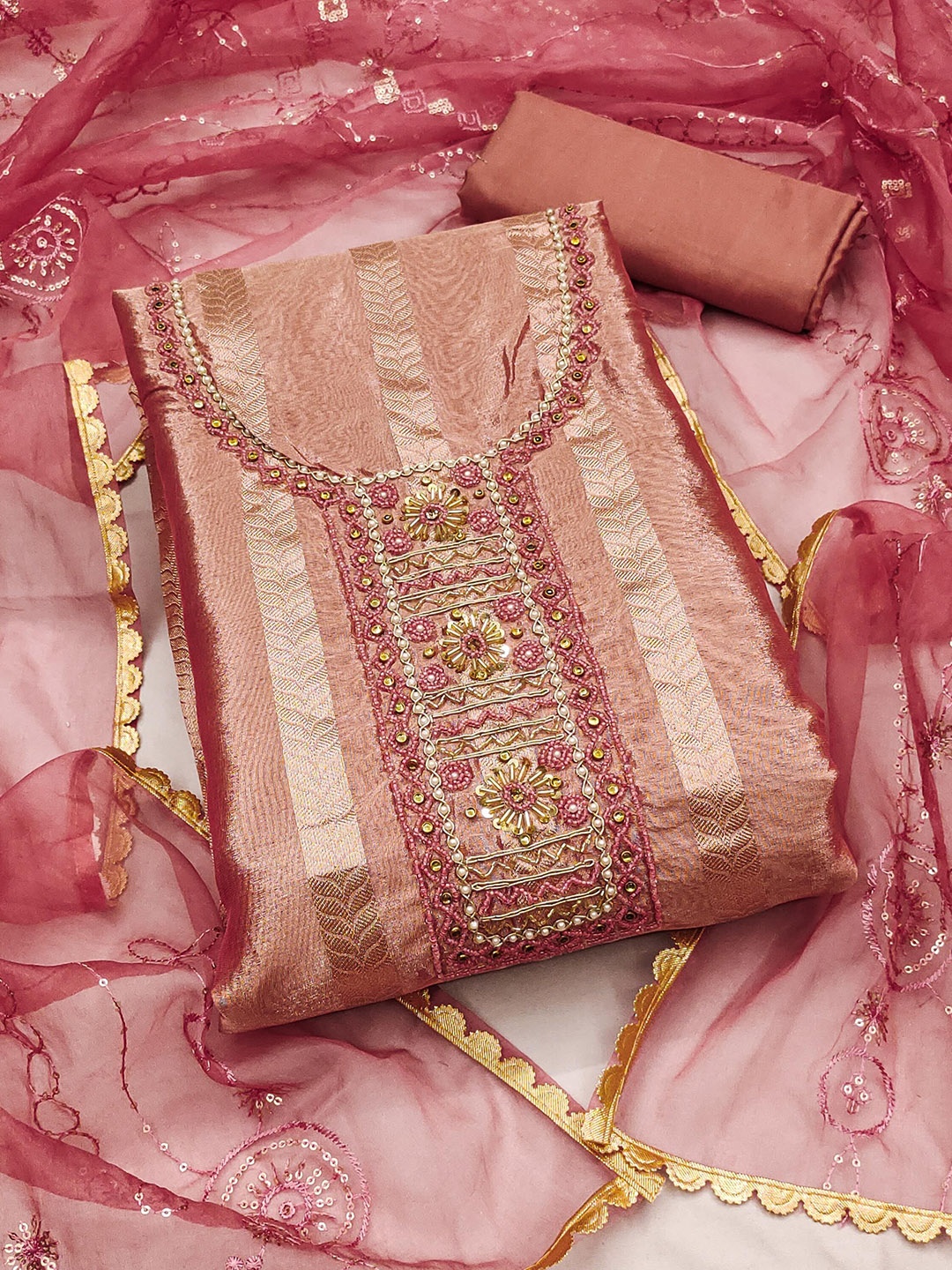 

KALINI Organza Unstitched Dress Material, Pink