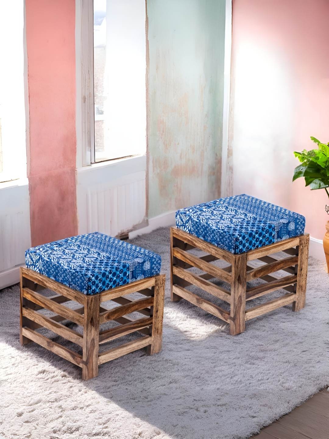 

Ikiriya Set of 2 Wood Stools in Teak Finish with Patchwork Kantha Cushion, Blue