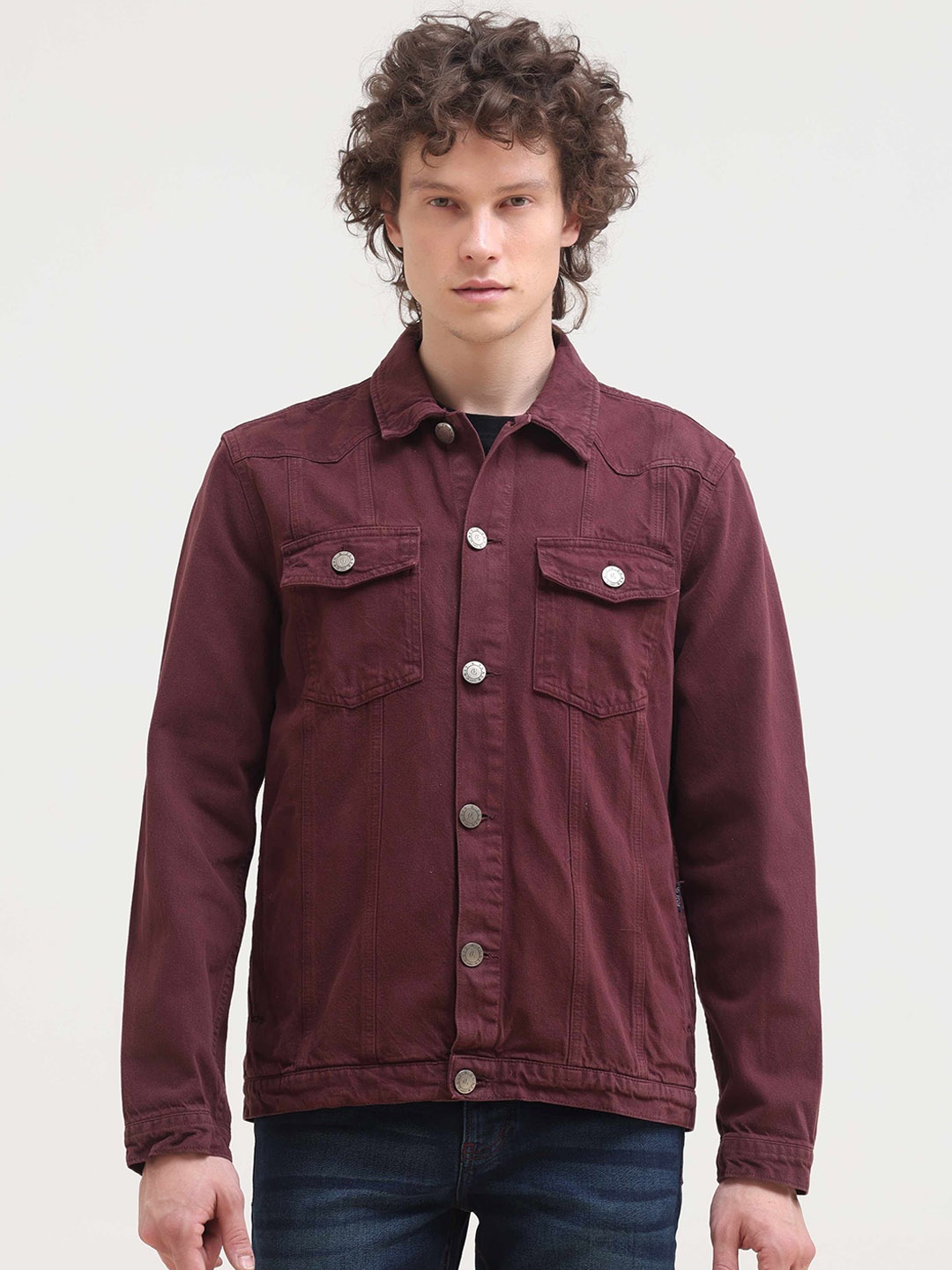 

Grit and Flair Men Washed Cotton Denim Jacket, Maroon