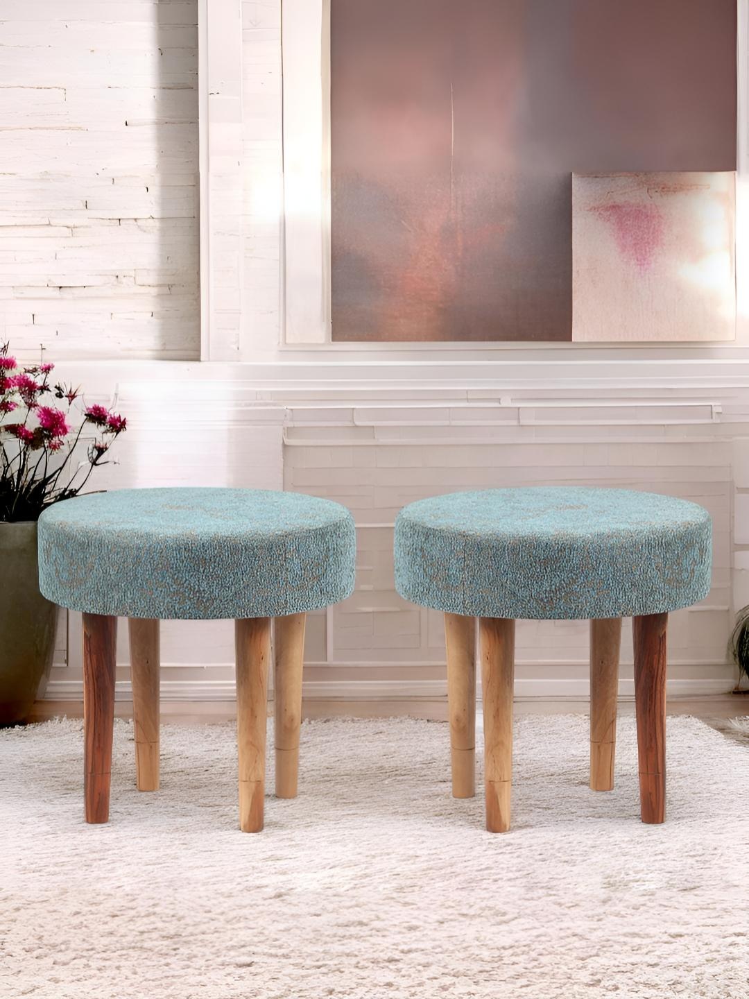 

Ikiriya Set of 2 Blue Wooden Round Stools With Jacquard Work Upholstery