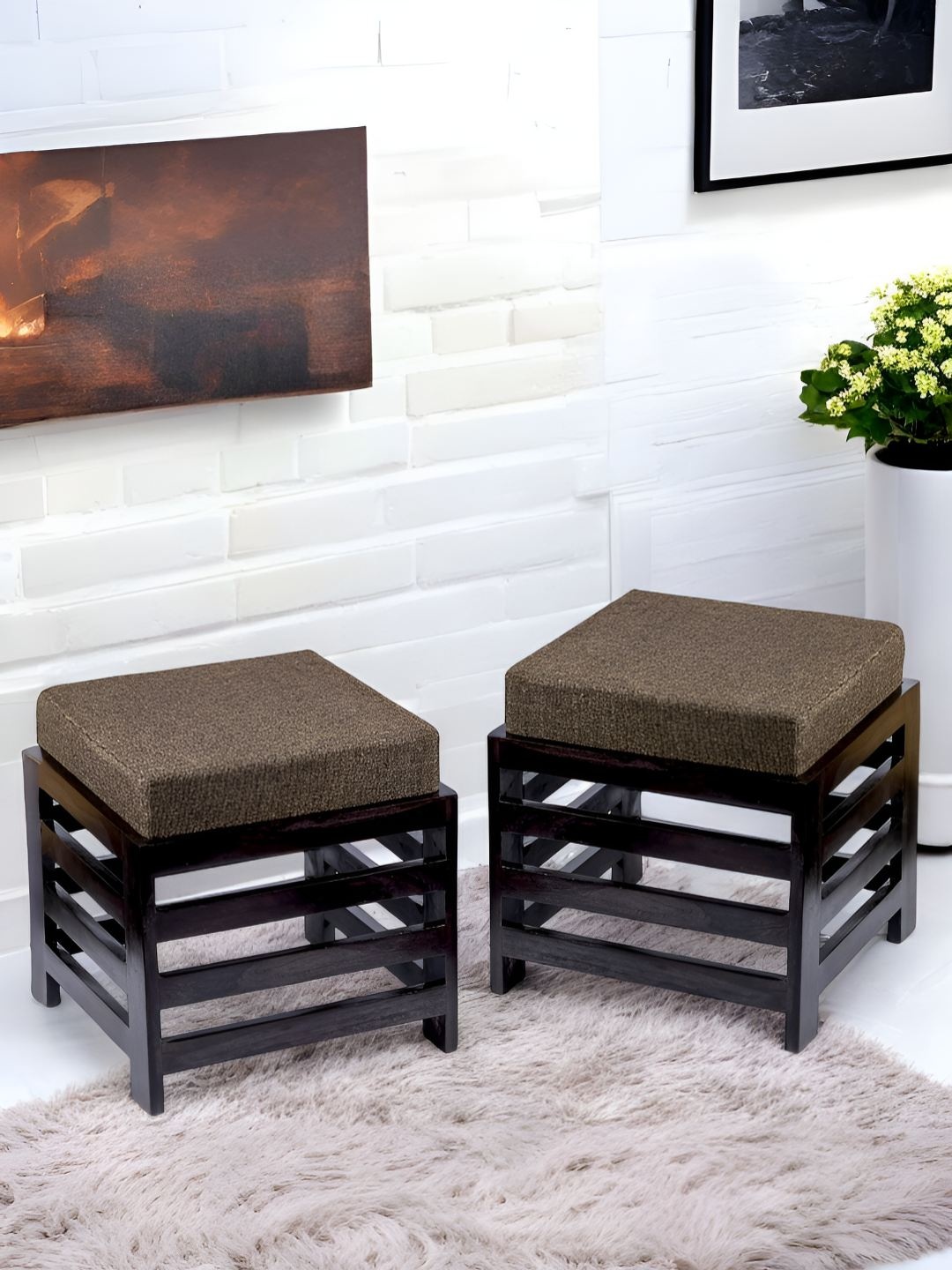 

Ikiriya 2-Pcs Brown Wooden Stools with Jute Cushions