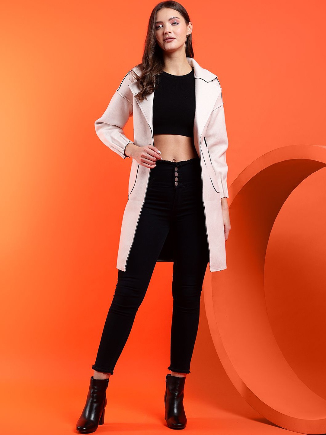 

Kotty Notched Lapel Collar Long Sleeves Longline Overcoat, Off white