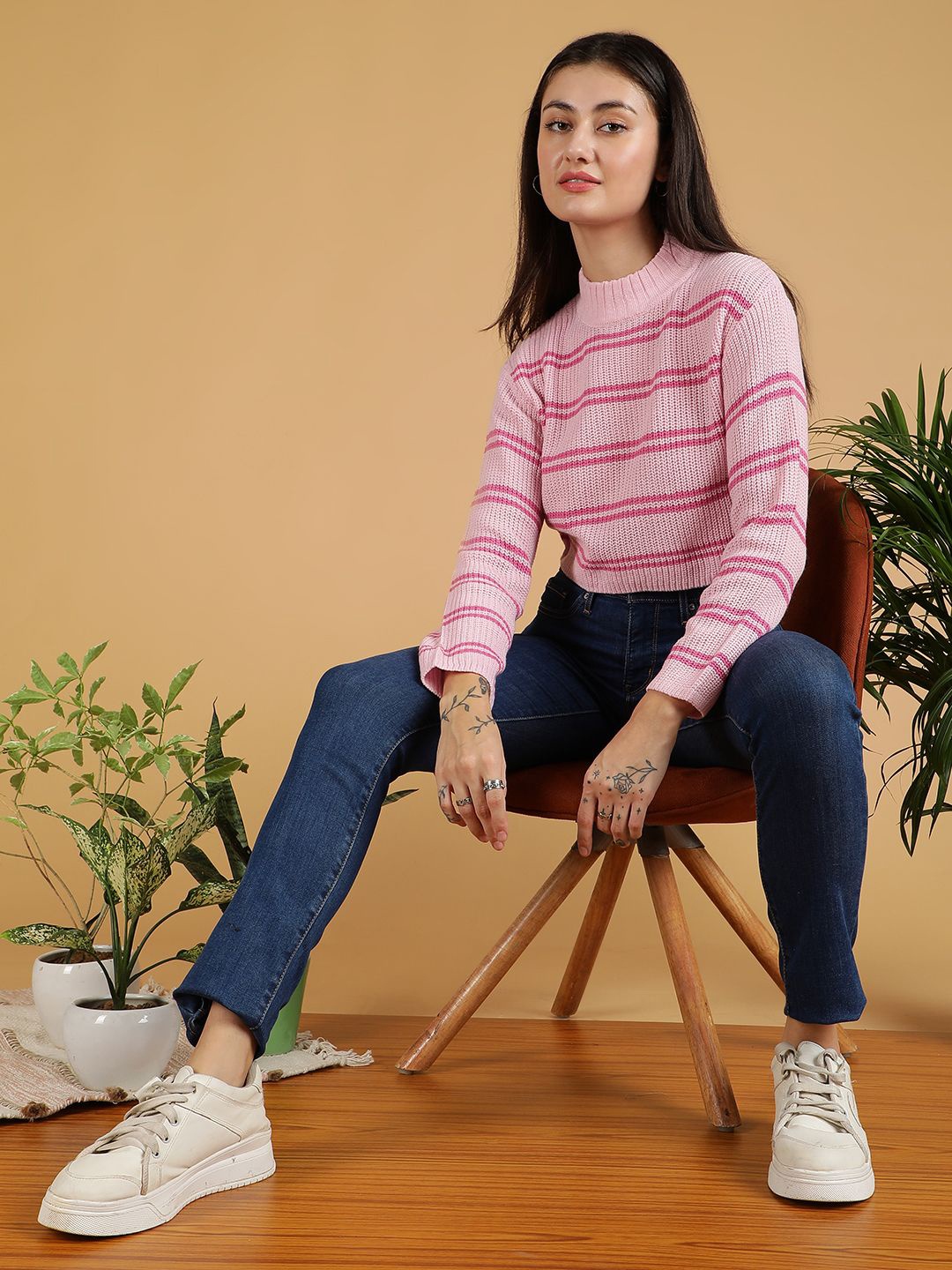 

Stylecast X Kotty Women Turtle Neck Striped Crop Pullover Sweater, Pink