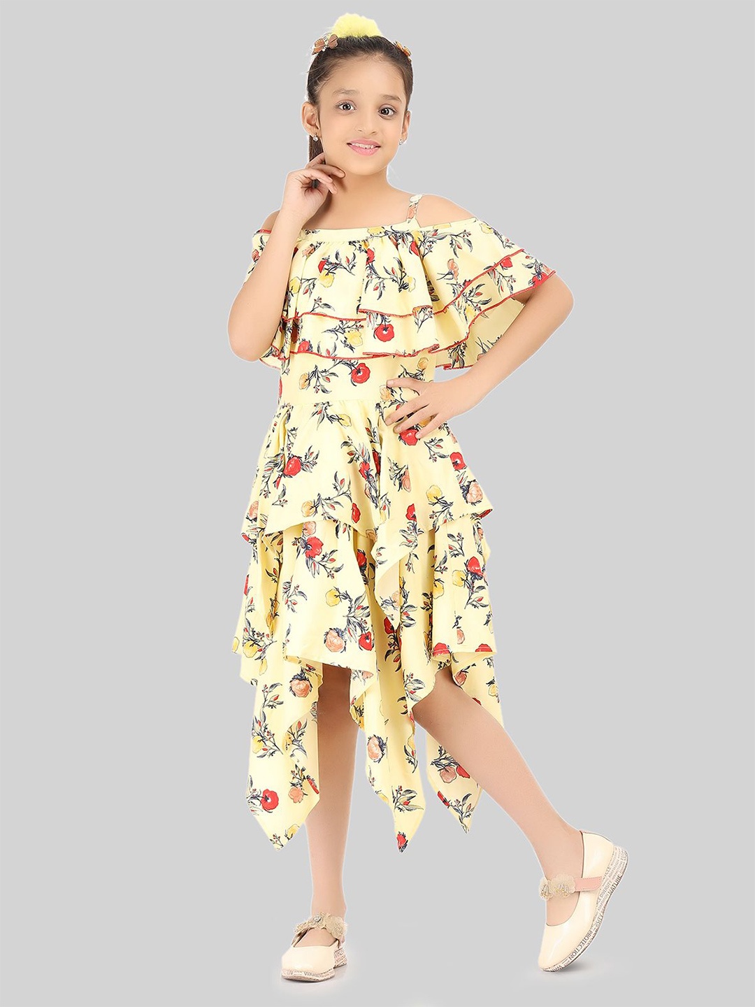 

BEING NAUGHTY Girls Floral Print Cold-Shoulder Fit & Flare Midi Dress, Yellow