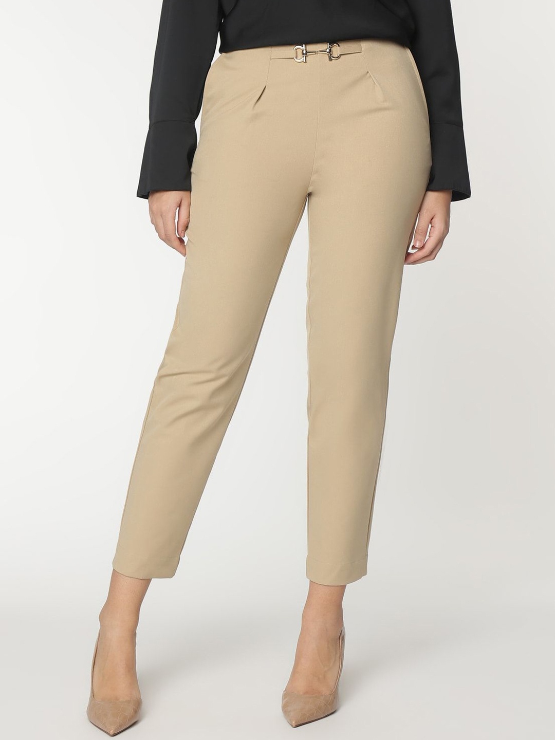 

Marks & Spencer Women Tapered Fit High-Rise Trousers, Brown