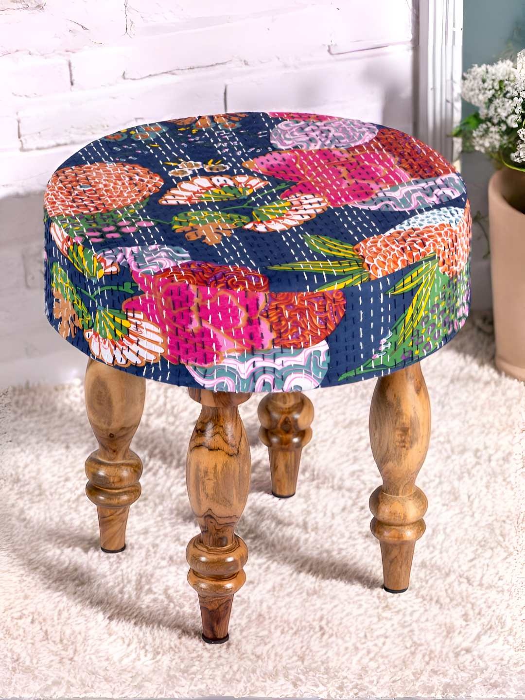 

Ikiriya Blue & Pink Round Wooden Stool with Printed Kantha Upholstery