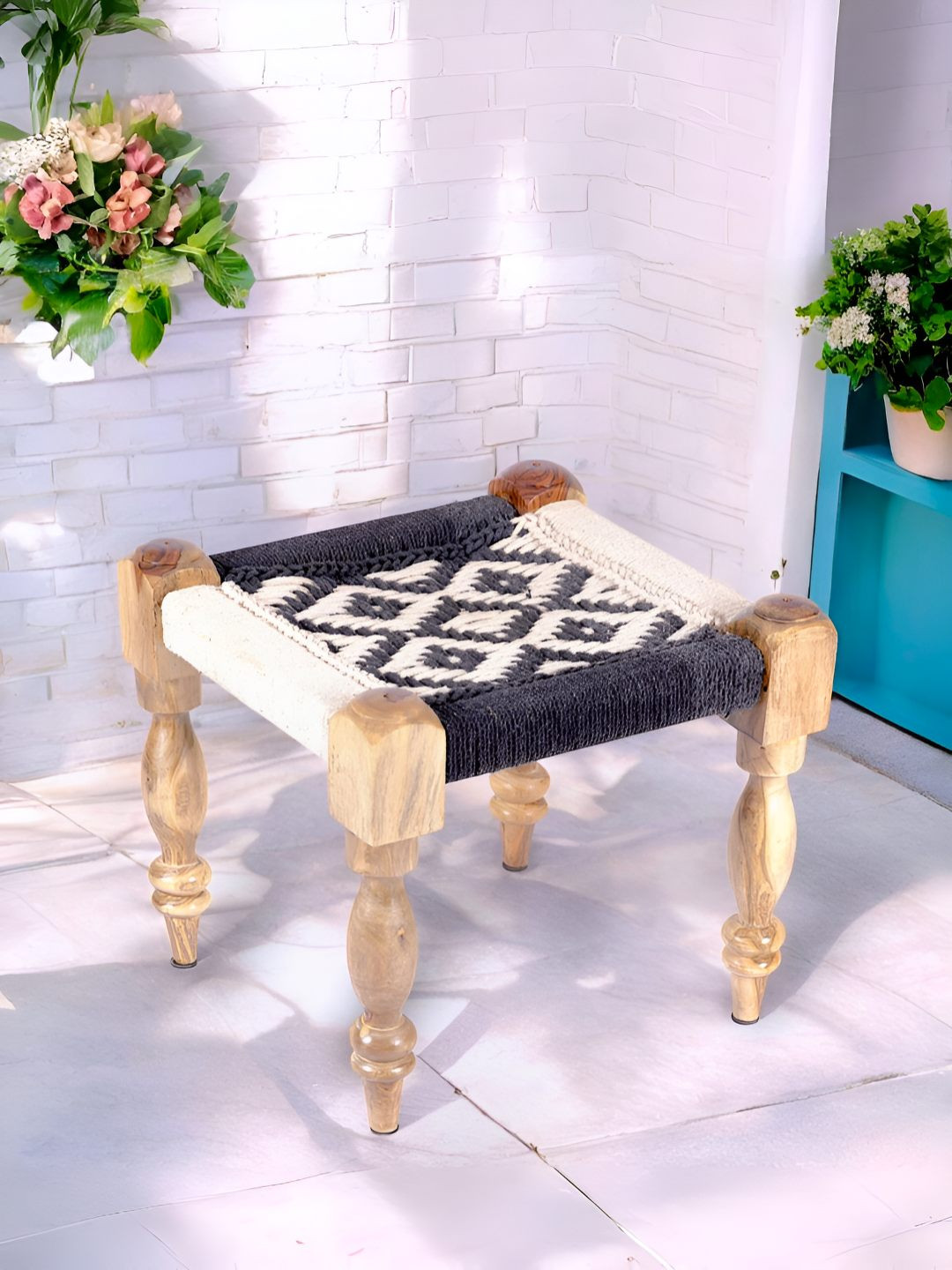 

Ikiriya Riaza Sheesham Wood Rope Canning Vintage Square Maachi Stool, White