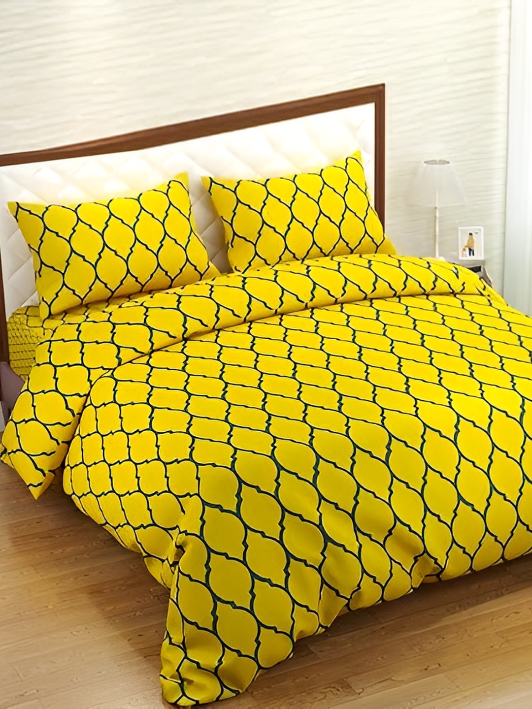 

Trance Home Linen 200TC Printed Zippered King Rajai Cover/Blanket Cover with 2 Pillow Covers, Yellow
