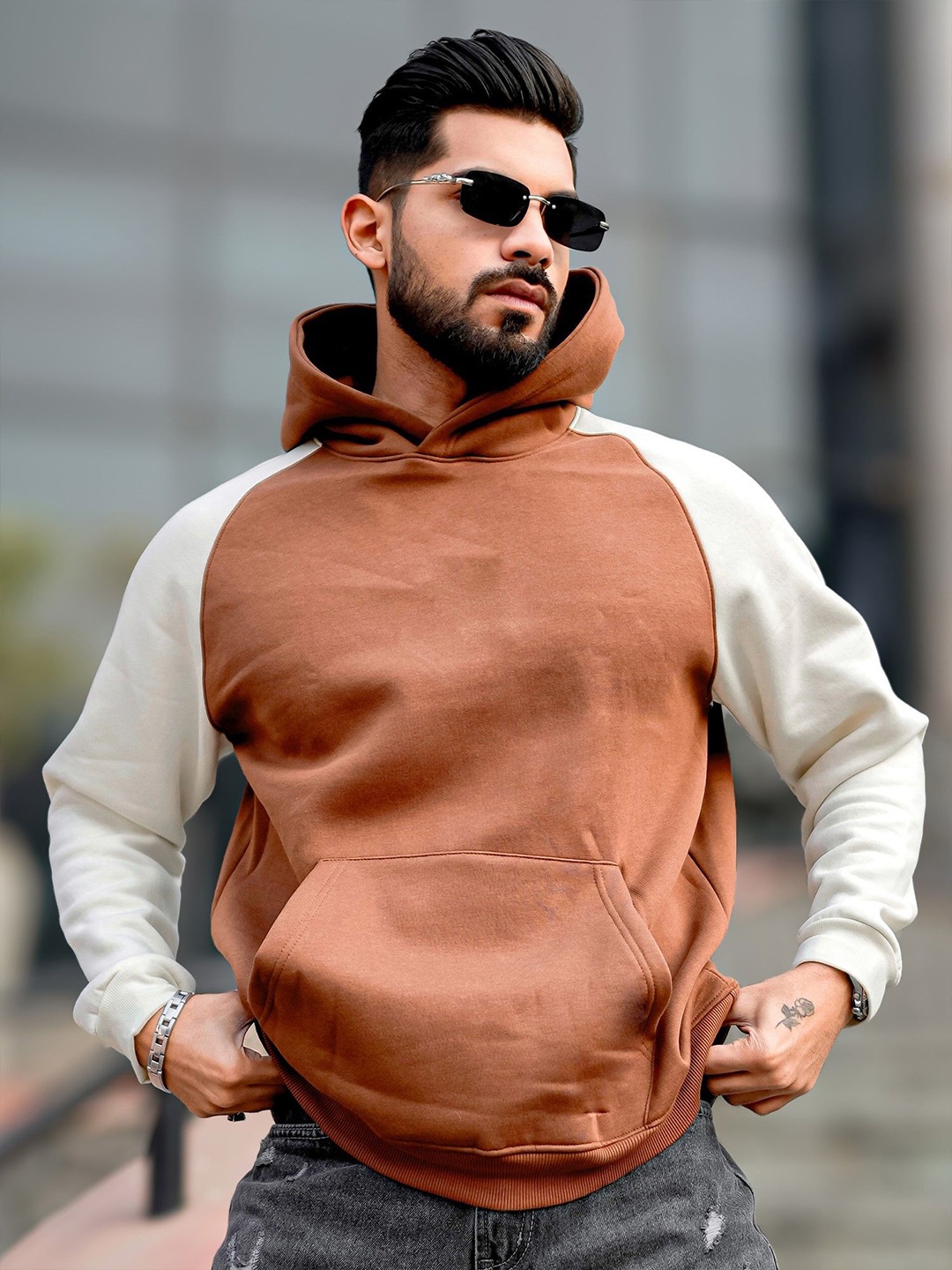 

Maniac Men Colourblocked Hooded Sweatshirt, Brown