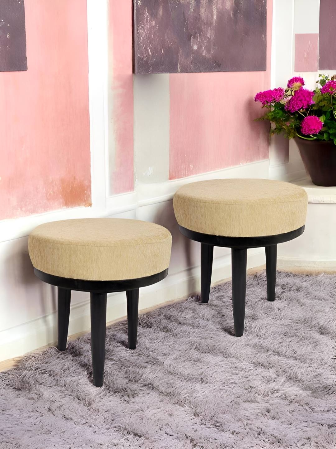 

Ikiriya Set of 2 Brown Wooden Round Stools with Mossy Fabric Upholstery, Beige