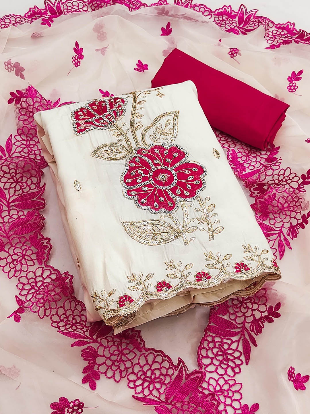 

KALINI Embroidered Pure Silk Unstitched Dress Material, White