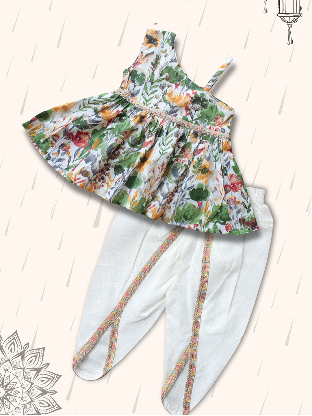 

Peekaaboo Kids Girls Printed Pleated Pure Cotton Top with Dhoti Pants, Green
