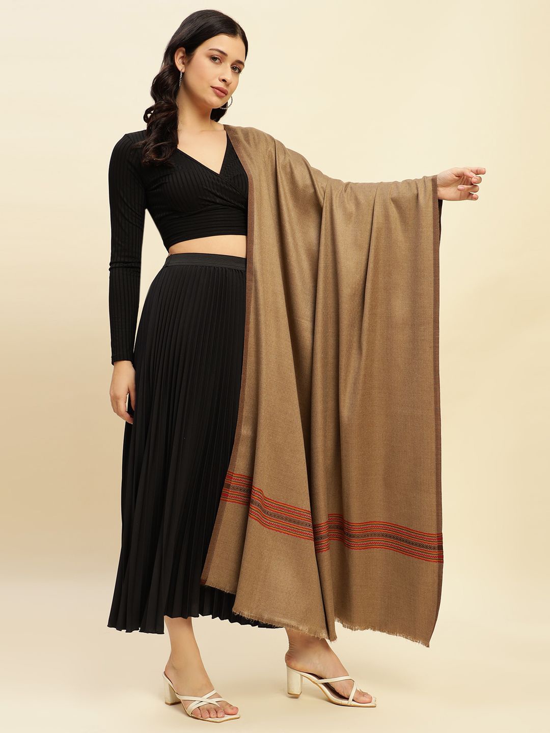 

WEAVERS VILLA Women Ethnic Motifs Woven Design Shawl, Brown