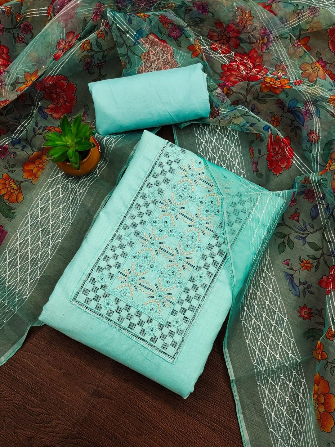 

mimi design Unstitched Dress Material, Teal