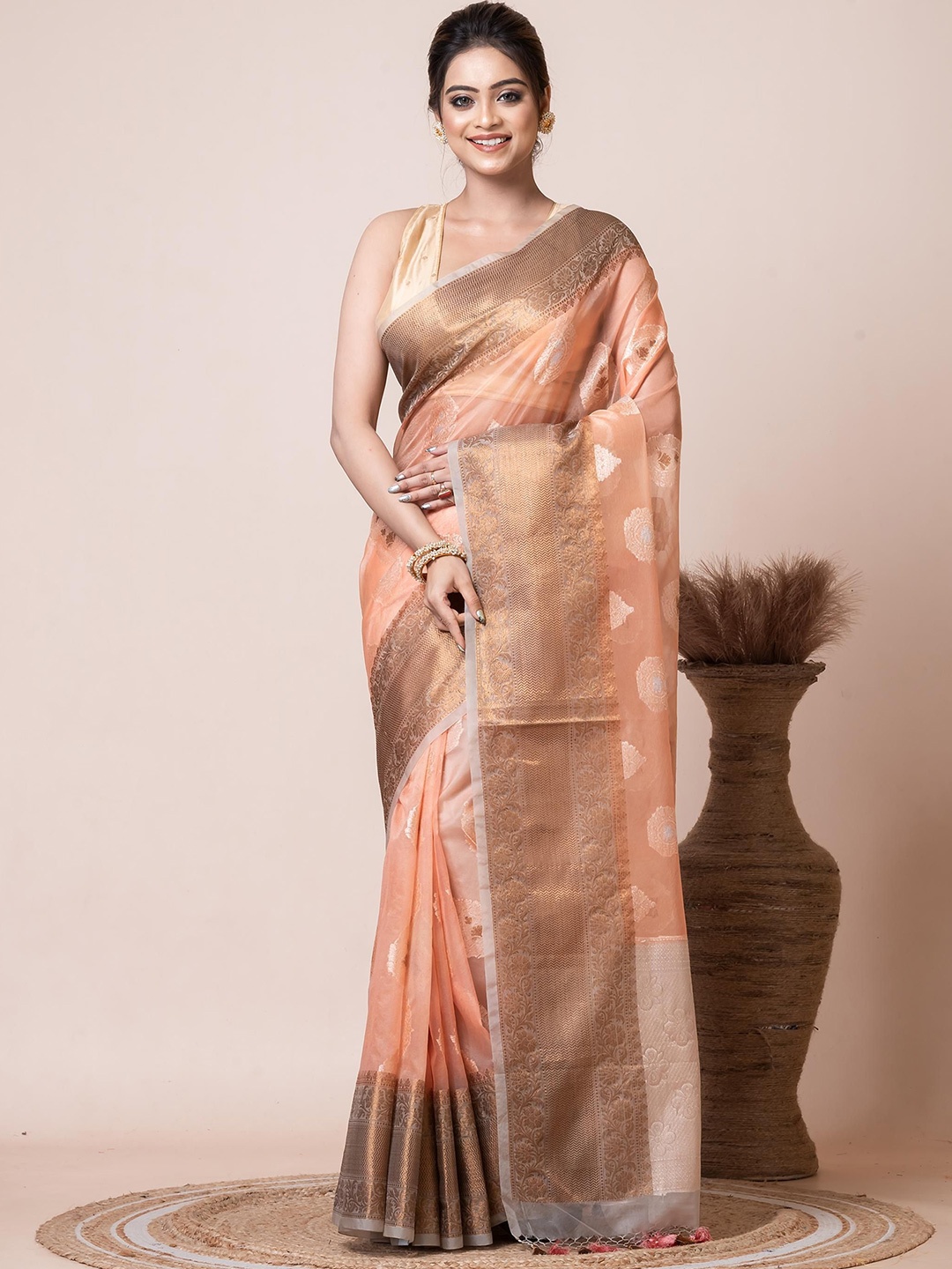 

VIBHAVARI Ethnic Motifs Woven Design Organza Saree, Peach