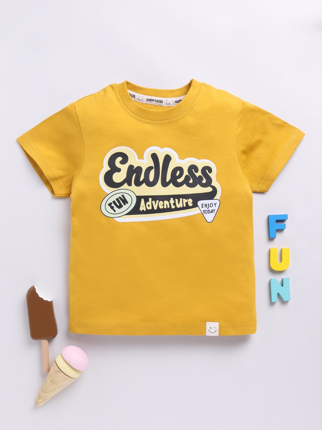 

Happy Faces Kids Boys Typography Printed Pure Cotton T-Shirt, Mustard