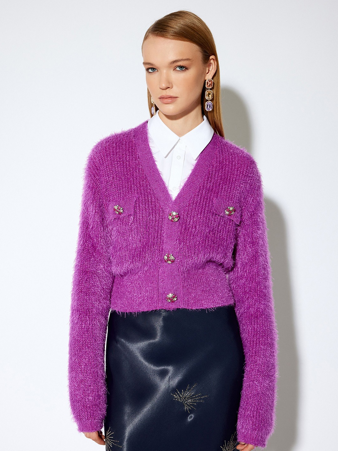 

Koton Women Solid V-Neck Cardigan, Purple