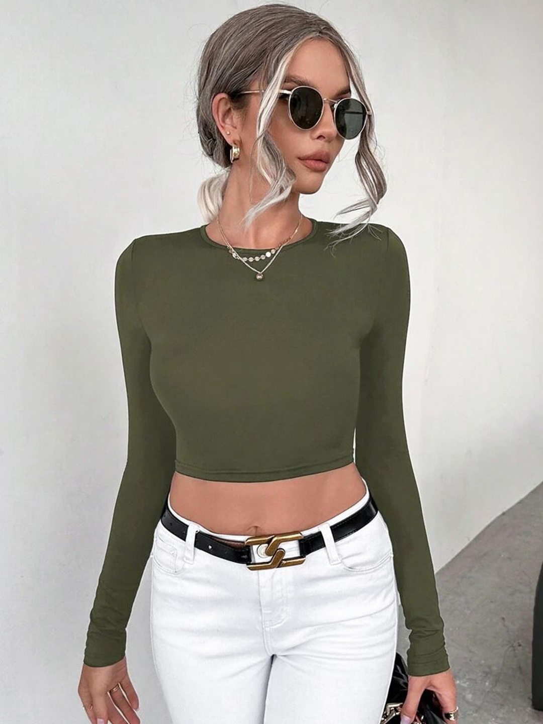 

Stylecast X Slyck Round Neck Styled Back Crop Top, Olive