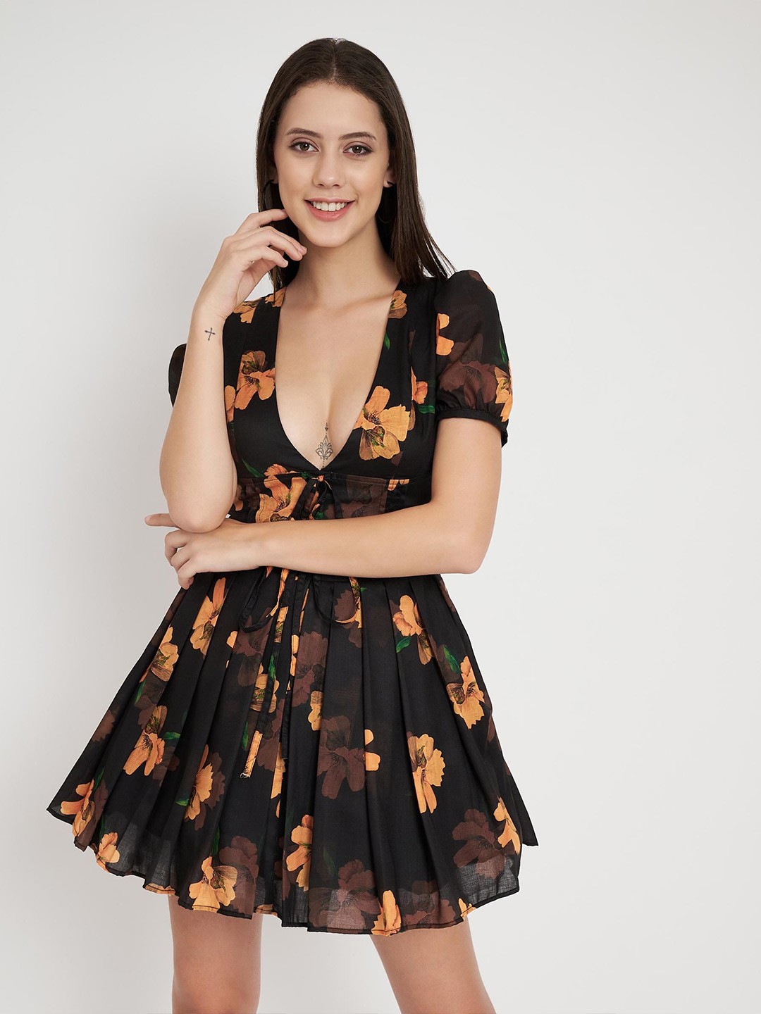 

Fabrics Fables Floral Print Fit & Flare Mini Dress, Black