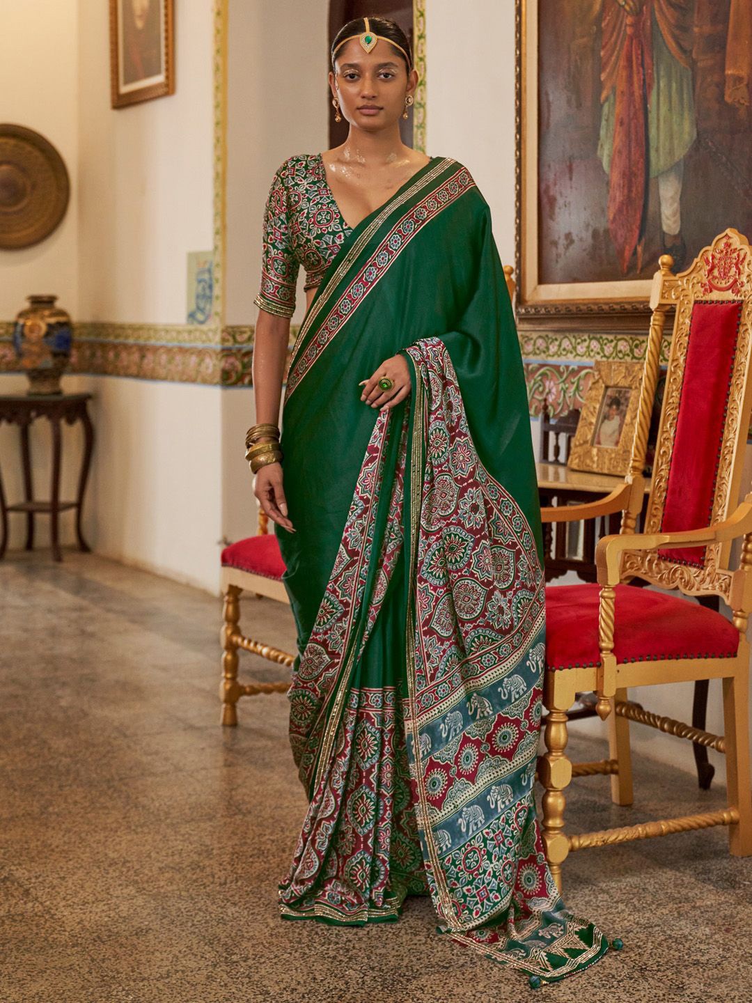 

Saree mall Ethnic Motifs Beads and Stones Poly Crepe Block Print Sarees, Green